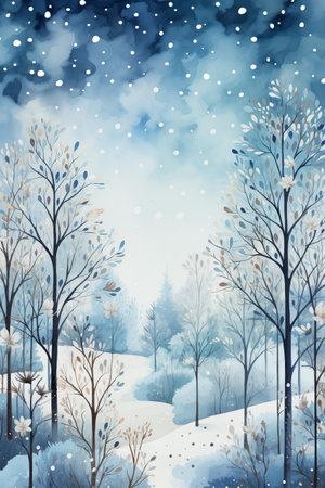Winter landscape with trees and snowflakes. Watercolor illustration.の写真素材