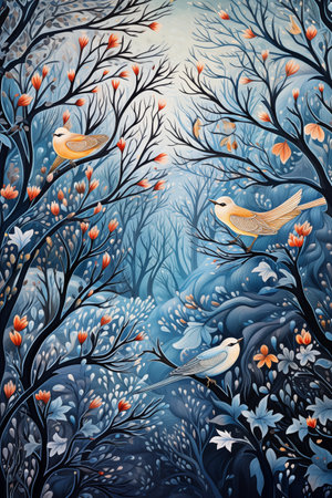 Winter forest with birds and flowers. Illustration for your design.の写真素材