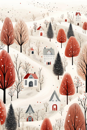 Winter landscape with houses, trees and snowflakes. Vector illustration.の写真素材