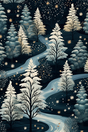 Winter forest with snowflakes and fir trees. Vector illustration.の写真素材