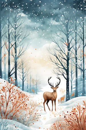 Winter forest with deer. Watercolor painting. Christmas card. Vector illustration.の写真素材