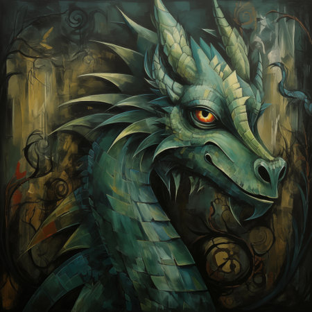 Dragon head on the background of an old wall. Digital painting.の写真素材