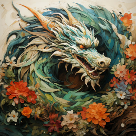 Dragon head with flowers and leaves. Digital painting. Illustration.の写真素材
