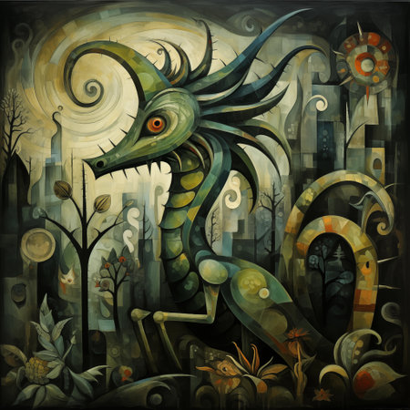 Illustration of a fantasy dragon and a city in the background.の写真素材