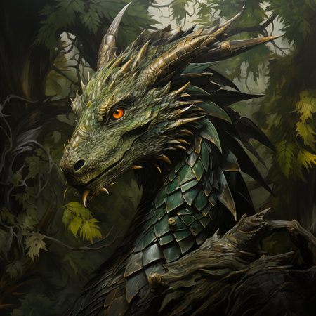 Dragon in the forest. Digital painting. Fantasy illustration. 3D rendering.の写真素材