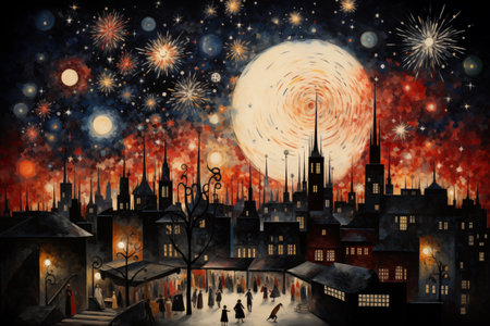 Old town at night with firework in the sky, illustration.の写真素材
