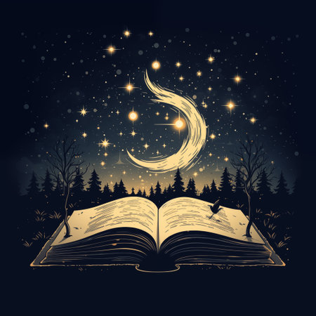 Illustration of magic book with crescent moon and starry sky.の素材
