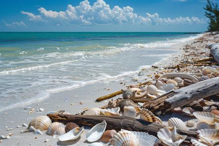 A sun-kissed beach where powdery white sand meets the azure waters of the ocean, scattered with seashells and driftwood washed ashore by the tideの素材