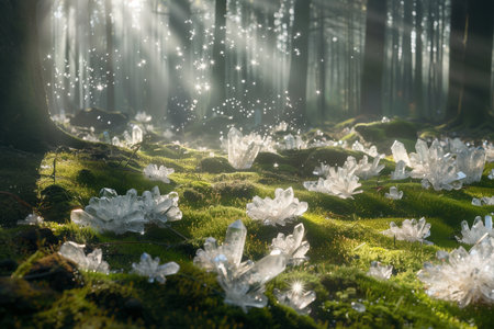 Fantasy forest with crystal snowflakes in the morning light.の素材