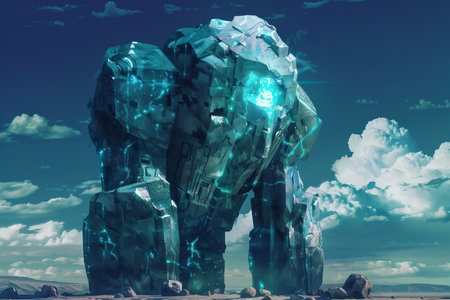 An ancient guardian golem carved from a single massive crystal, its glowing eyes scanning the horizon for any sign of dangerの素材