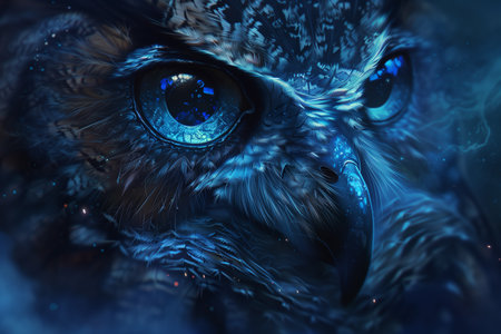 A wise owl with eyes of shimmering topaz, its gaze piercing through the darkness with a clarity that seems to reveal the hidden truths of the universeの素材