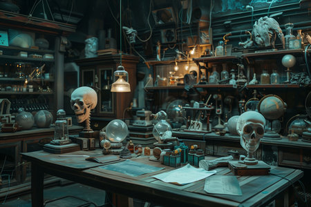 A laboratory filled with strange alien artifacts, where scientists study the remnants of an ancient civilization in search of clues to unlock the secrets of advanced technologyの素材