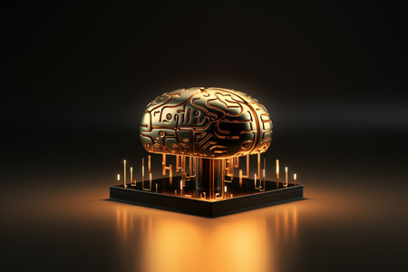 3d rendering of a human brain with a circuit board on a black backgroundの素材