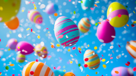 Colorful easter eggs flying in the blue sky with confettiの素材