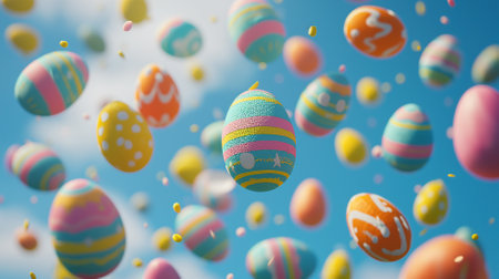 Colorful easter eggs flying in the blue sky. 3D renderingの素材
