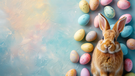 Cute Easter bunny and eggs on color background. Top view with copy spaceの素材