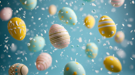 Easter eggs falling on a blue background. 3D rendering.の素材