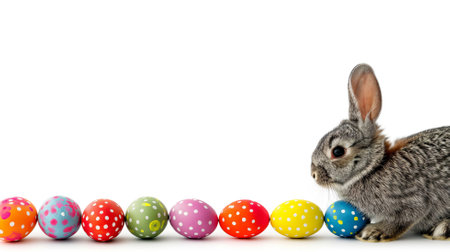 Cute gray rabbit with colorful easter eggs isolated on white backgroundの素材