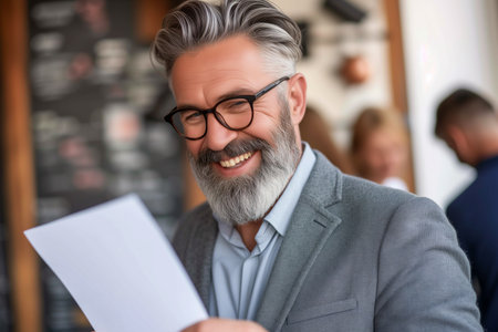 Portrait of senior businessman reading document in coffee shop. Mature man in eyeglasses looking at camera and smiling.の素材