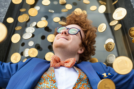 Portrait of a young man with curly red hair, wearing a blue jacket and bow tie, standing in front of a wall with golden coinsの素材