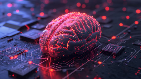 3d illustration of human brain with circuit board background. 3d renderingの素材