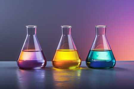 Laboratory glassware with colorful liquid on table, 3d renderの素材