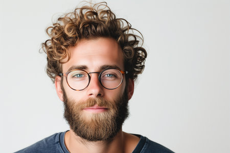 Portrait of a handsome young man with beard and glasses looking at camera over white backgroundの素材
