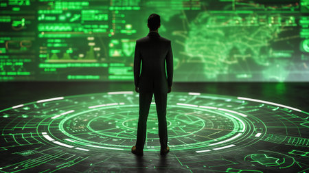 Silhouette of a man in front of a glowing green background with a binary codeの素材