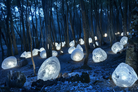 Fantasy forest in the night with many ice lanterns in the forestの素材