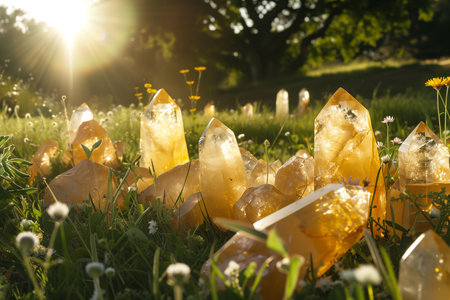 Yellow plastic bottles in the grass with flowers on the background of the sunの素材