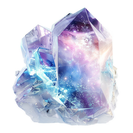 Mesmerizing sight of a crystal set against a pristine white backdrop, within which appears to be a miniature galaxy filled with twinkling stars.の素材