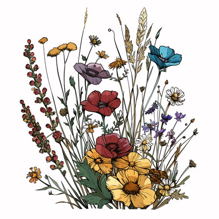 Wildflowers, poppies and cornflowers. Hand drawn vector illustration.のイラスト素材