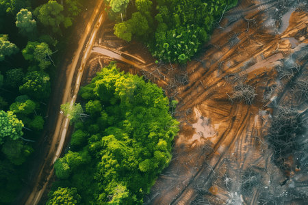 An aerial photograph showing the effects of deforestation with a clear division between healthy forest and barren land. The image underscores the importance of environmental conserの素材