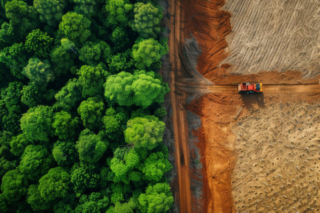 A drone aerial view capturing the stark contrast between a lush green forest and a deforested area. The image highlights the environmental impact and efforts towards reforestation.の素材