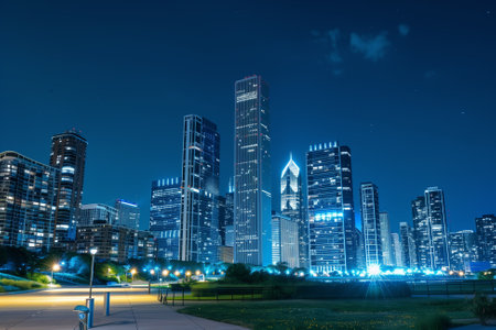 A vibrant night view of a city skyline, highlighting the contrast between the dark sky and the illuminated buildings and streets. Perfect for illustrating the lively nightlife of aの素材