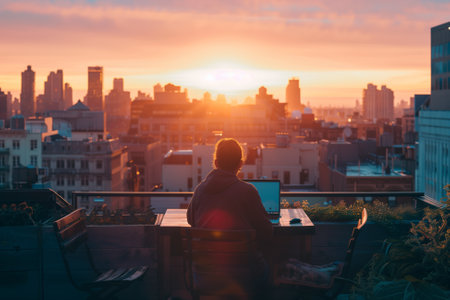 A modern rooftop office setup with a breathtaking view of the cityscape. The person working on a laptop enjoys the beautiful urban environment, perfect for illustrating the digitalの素材