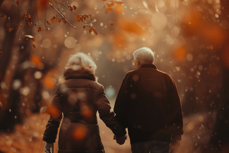 A picture of an elderly couple holding hands and reminiscing during an autumn walk. The warm, golden hues of fall create a cozy and nostalgic atmosphere.の素材