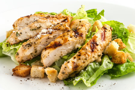 Fresh romaine lettuce tossed with creamy Caesar dressing, topped with grilled chicken, shaved Parmesan cheese, and crunchy croutons. A delicious and healthy salad option.の素材