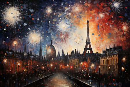 This captivating artwork depicts a city skyline illuminated by a dazzling display of fireworks. The sky is alive with vibrant bursts of color, lighting up the night in a symphony oの素材