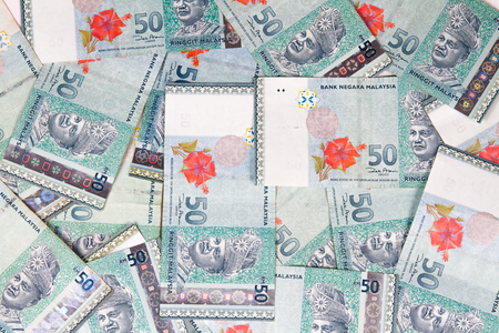 Close up of Ringgit Malaysia bills in white background