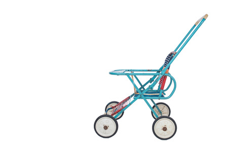 A foldable retro baby stroller in isolated white backgroundの写真素材