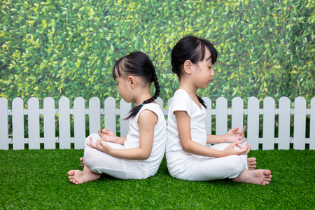 Asian Chinese little girls practicing yoga pose on a mat outdoorの写真素材