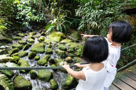 Asian Little Chinese Sisters standing on a wooden bridge at a gardenの写真素材