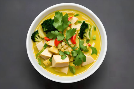Indulge in the aromatic allure of our authentic green curry, a vibrant Thai dish bursting with flavors of lemongrass, chili, and creamy coconut milkの素材
