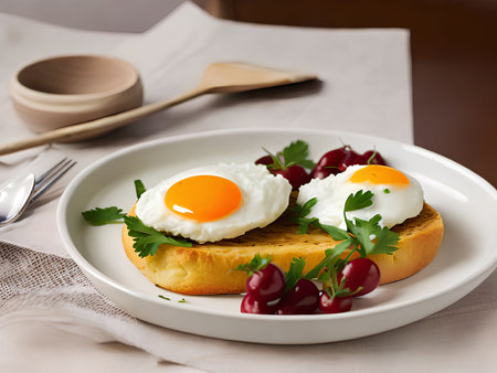 Enjoy a classic breakfast favorite with our fried eggs and toast, featuring expertly cooked eggs with a crispy, golden crust on our perfectly toasted breadの素材