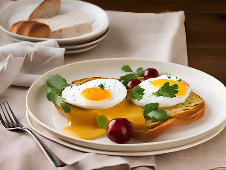 Delight in the comforting simplicity of our fried eggs with toast, a hearty and wholesome breakfast option that fuels your day with its delicious flavors and satisfying texturesの素材