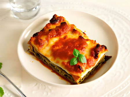 Experience the ultimate comfort food with our homemade lasagne, a rich and hearty masterpiece that will warm your soulの素材