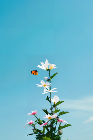 Witness the breathtaking harmony of delicate flowers and the expansive sky, a captivating tableau that invites reflection and admirationの素材
