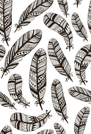 Hand drawn seamless pattern with feathers in ethnic style. Endless texture can be used for wallpaper, textile, pattern fills, web page background.のイラスト素材
