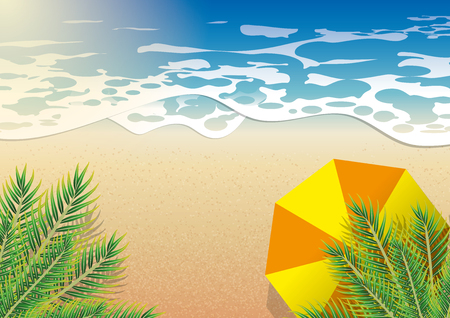 Beach sea on summer, orange umbrella under coconut tree top viewのイラスト素材